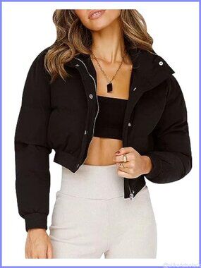 Womens Cropped Puffer Jacket Zip Snap Quilted Bubble Coat
